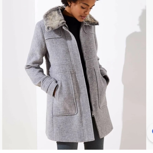 LOFT Women’s Camel Wool Blend Faux Fur Collar Long Pea Coat Size XSP NEW - Picture 6 of 6